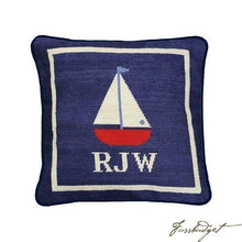 Load image into Gallery viewer, Monogrammed Sailboat Baby Needlepoint Pillow