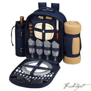 Deluxe Equipped 4 Person Picnic Backpack w/Blanket -Bold Navy