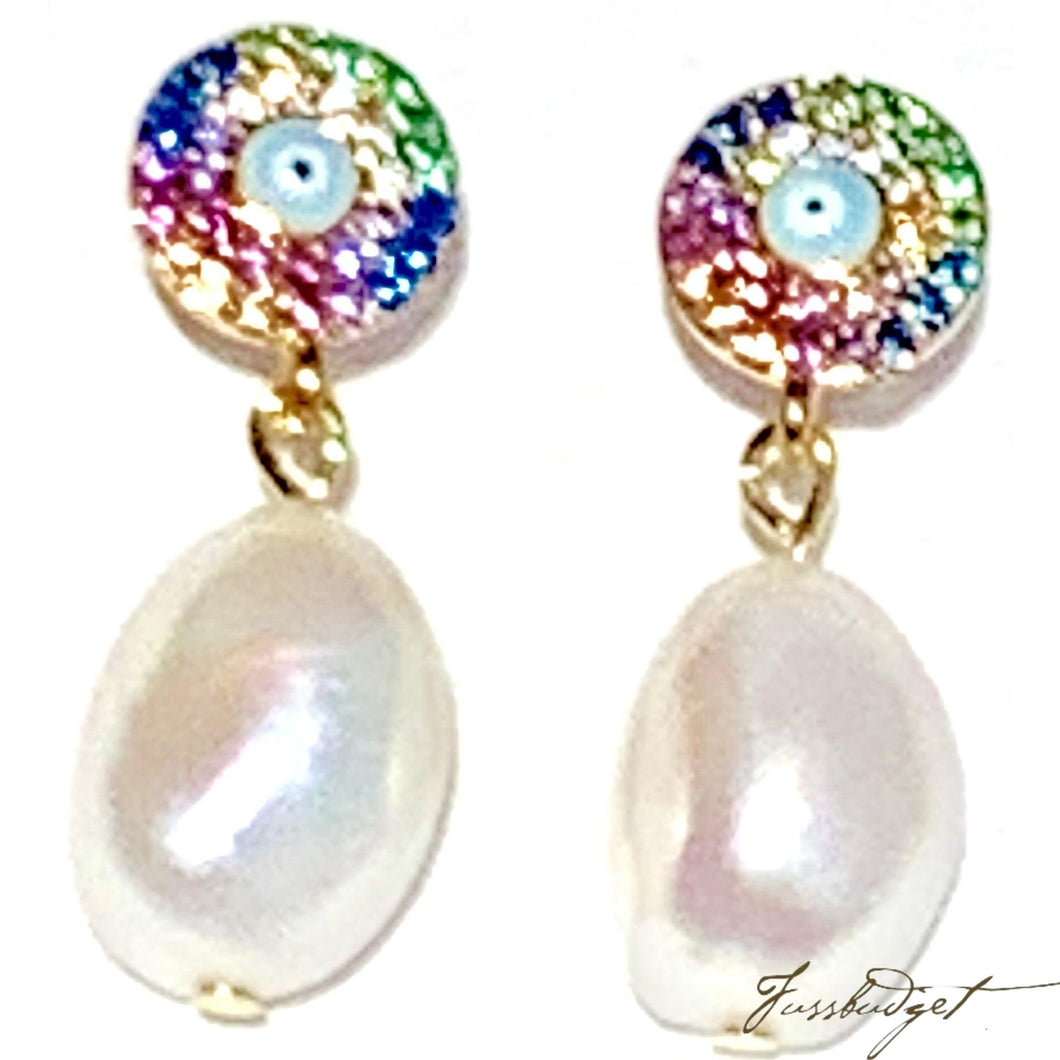 Rainbow Pave Eye and Pearl Earrings
