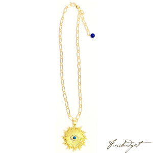 Sunburst God’s Eye Alyssa Pendant on Matte Gold Necklace