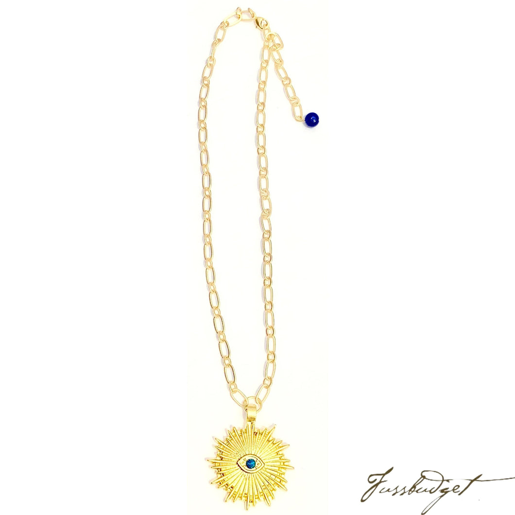 Sunburst God’s Eye Alyssa Pendant on Matte Gold Necklace