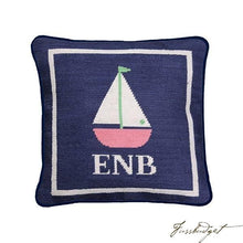 Load image into Gallery viewer, Monogrammed Sailboat Baby Needlepoint Pillow