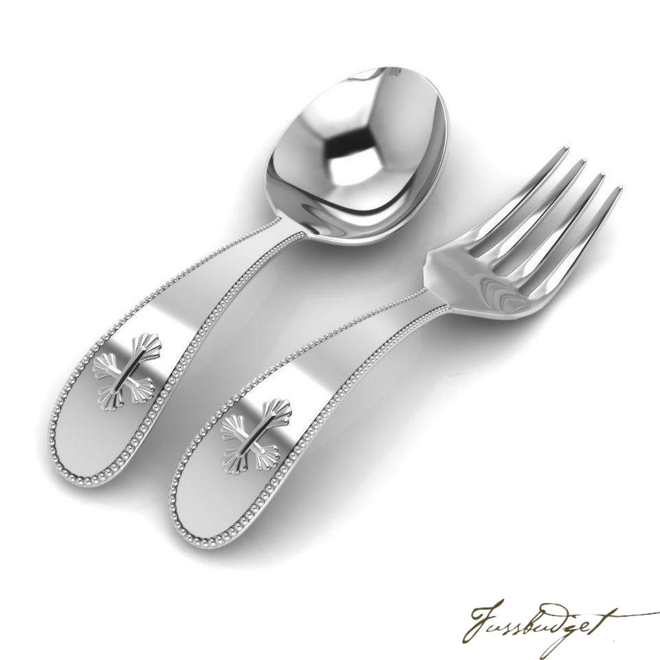 Sterling Silver Beaded Cross Baby Spoon & Fork Set-Fussbudget.com