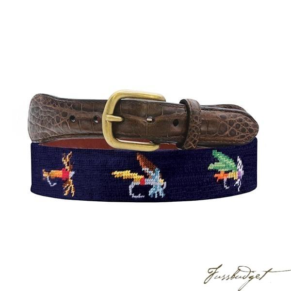 W. Kleinberg x Smathers & Branson Fishing Flies (Dark Navy) Crocodile Leather Needlepoint Belt