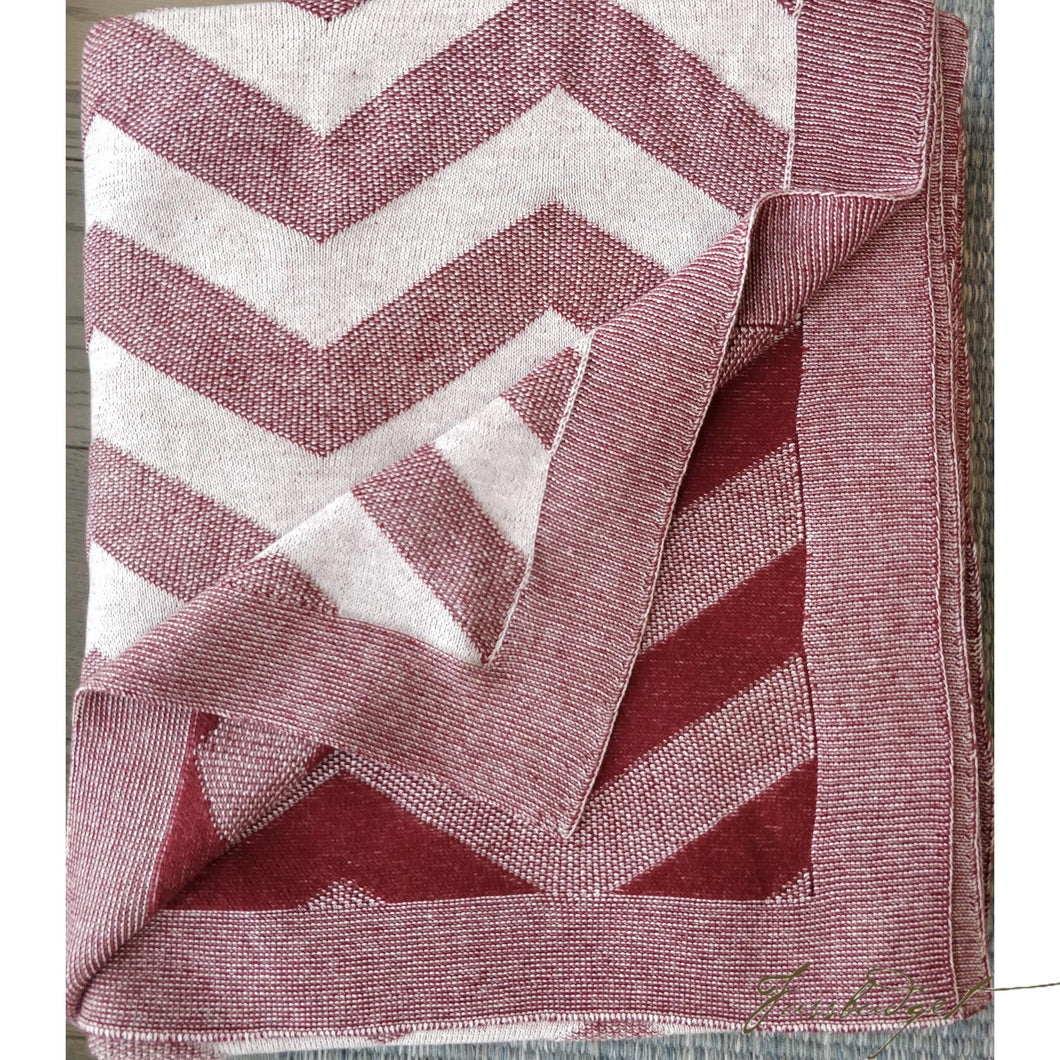 Zig Zag - Sandra Collection - 100% Cotton - Soft Red - knitted throw blanket -reversible-Fussbudget.com