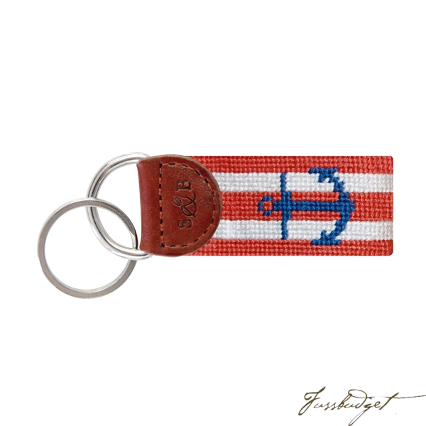 Striped Anchor (Coral & White) Needlepoint Key Fob-Fussbudget.com