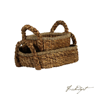 BRAIDED WATER HYACINTH TRAY SET OF 2 WITH HANDLES, RECTANGULAR